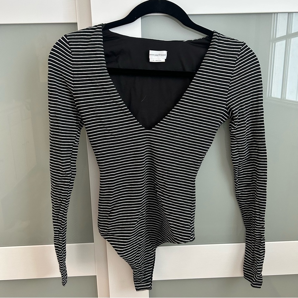Lovers + Friends Black and White Striped Bodysuit